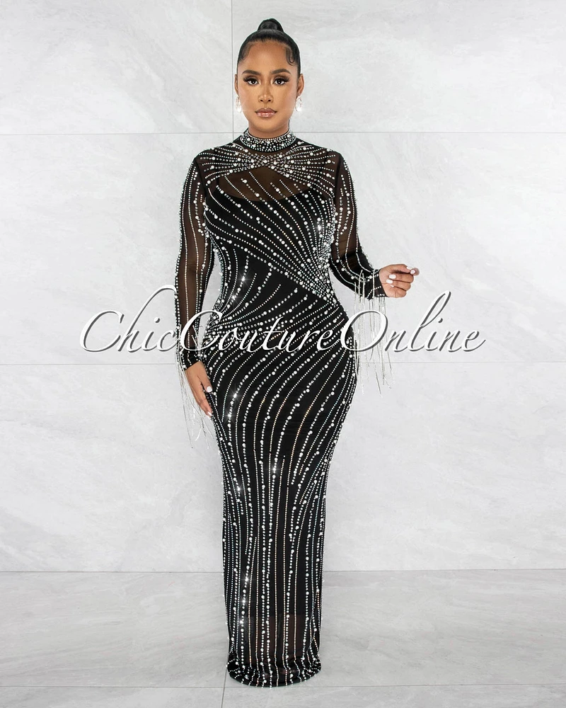 Katashna Black Mesh Sheer Rhinestones Maxi Dress