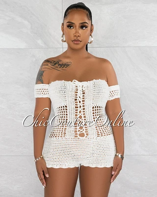 *Maddie Off-White See-Through Crochet Cover-Up Romper
