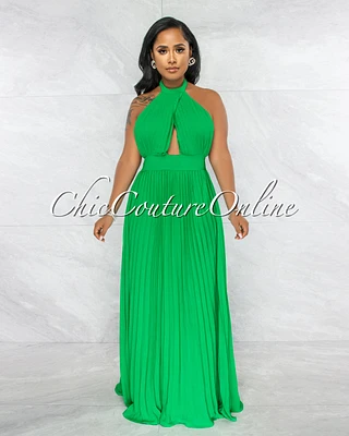 Miles Kelly Green Halter Key-Hole Maxi Pleated Dress