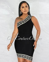 Selia Black Nude Fret Print One Shoulder Bandage Dress