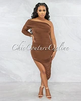 *Brendy Brown Ruched Single Long Sleeve Dress