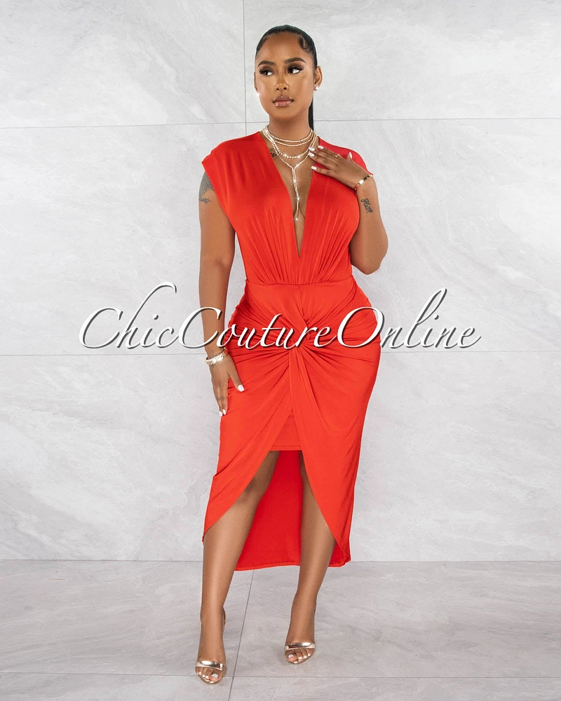 *Chantal Red Deep V-Neck Fron Knot Dress