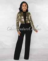 *Brentley Black Gold Sequins Stripes Top Mesh Accent Jumpsuit