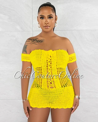 *Maddie Yellow See-Through Crochet Cover-Up Romper