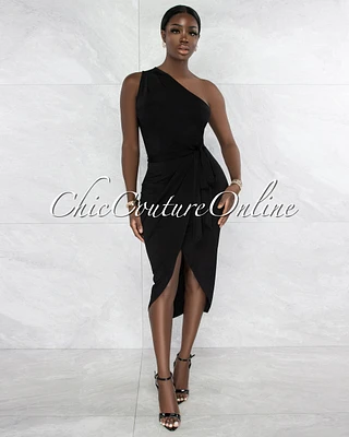 *Twyla Black Single Shoulder Front Slit Midi Dress