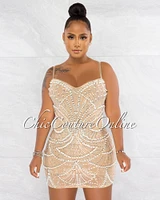 *Pandia Nude Pearl Rhinestones Mesh Mini Dress