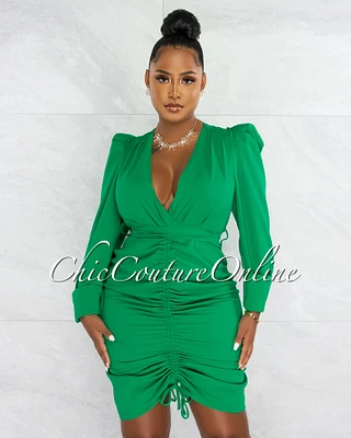 *Randall Kelly Green Front Ruch Tie Belt Midi Dress