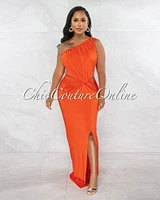 *Odessa Orange Single Shoulder Cut-Out Draped Maxi Dress