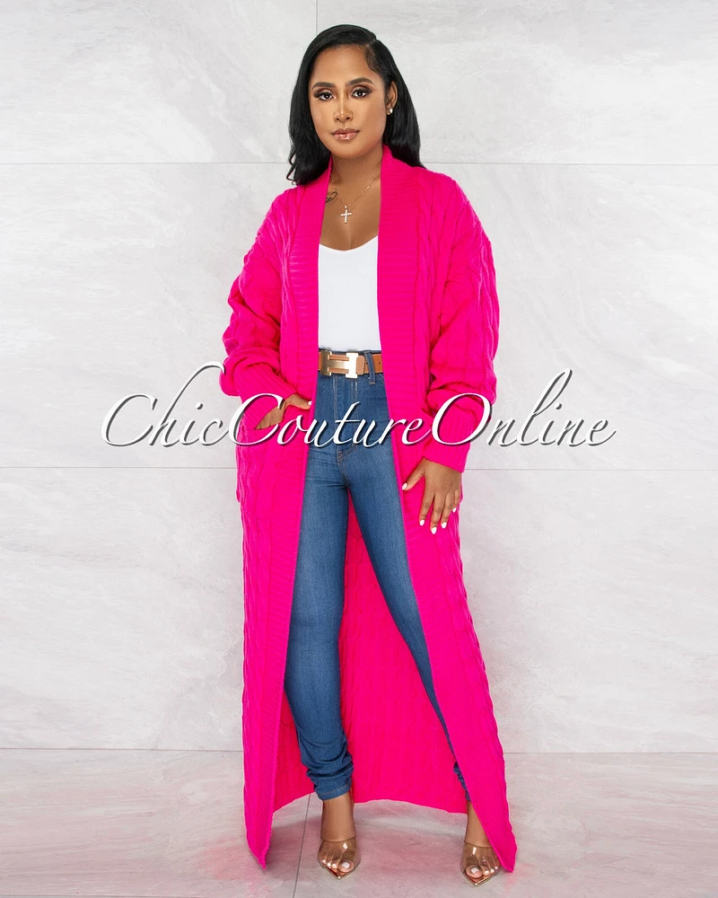 Justina Hot Pink Cable Knit Long Cardigan