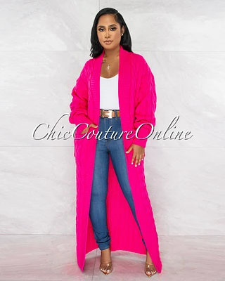 Justina Hot Pink Cable Knit Long Cardigan