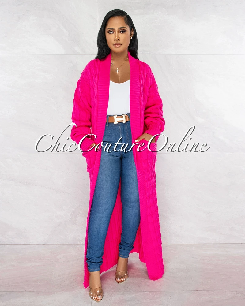 Justina Hot Pink Cable Knit Long Cardigan