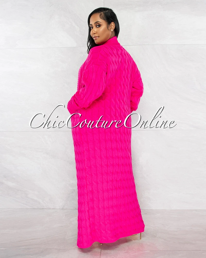 Justina Hot Pink Cable Knit Long Cardigan