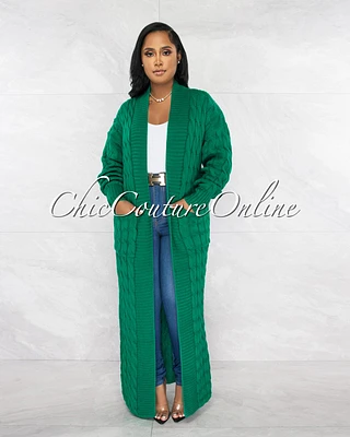 Justina Green Cable Knit Long Cardigan