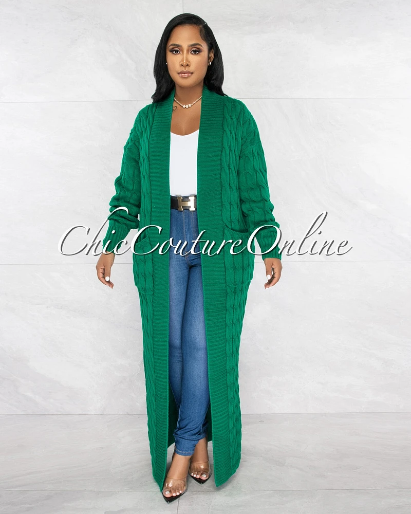 Justina Green Cable Knit Long Cardigan