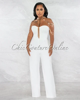 Gladwin Off-White Gold Collar Accent Strapless Jumpsuit