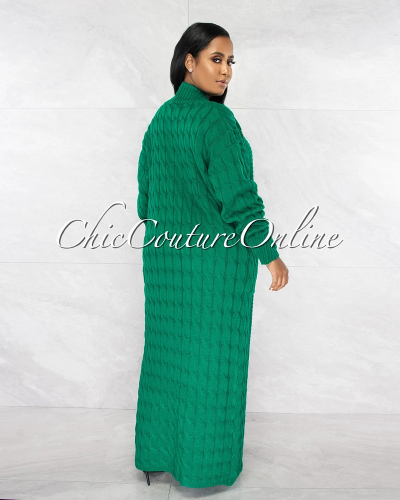 Justina Green Cable Knit Long Cardigan