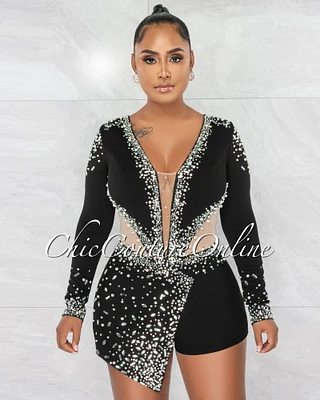 *Sebban Black Rhinestones Mesh Accent Romper