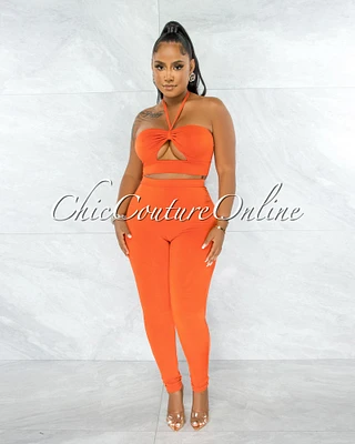 Hudel Orange Bust Key-Hole Crop Top & Double Lined Leggings Set