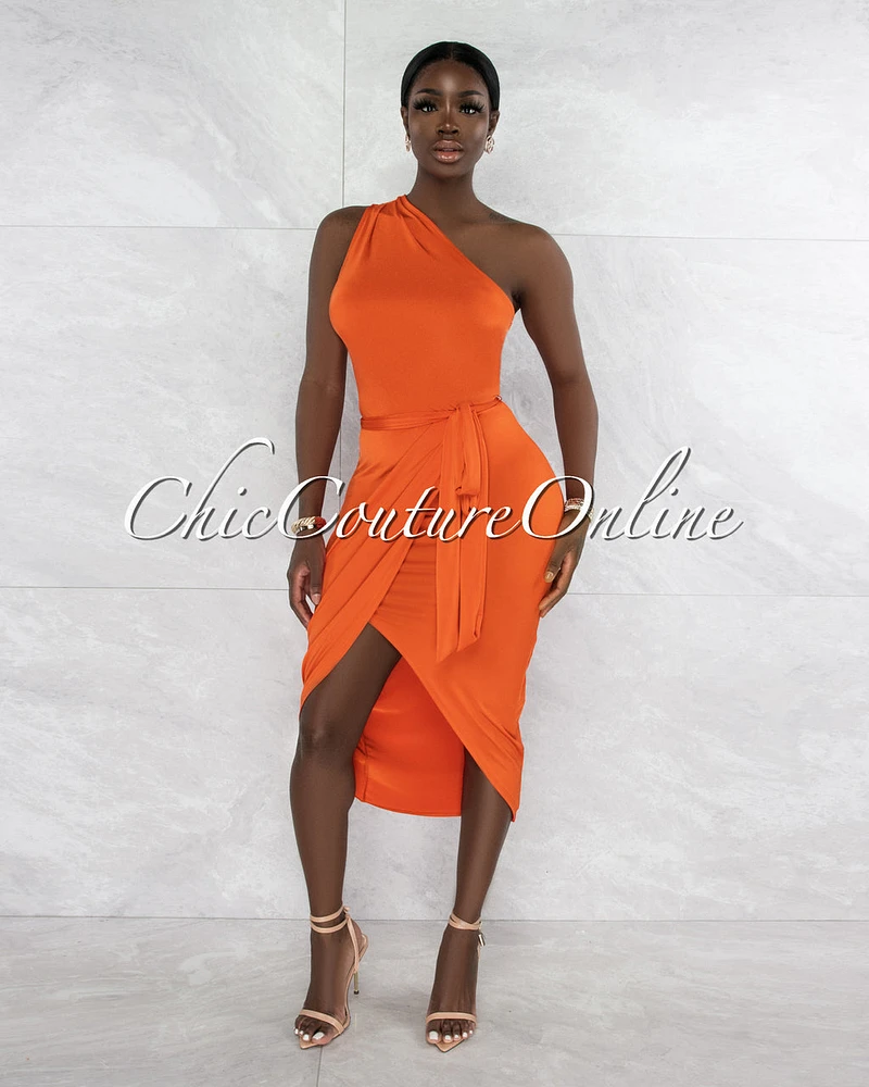 *Twyla Orange Single Shoulder Front Slit Midi Dress