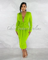 Inez Green Deep V Neckline Draped Midi Dress