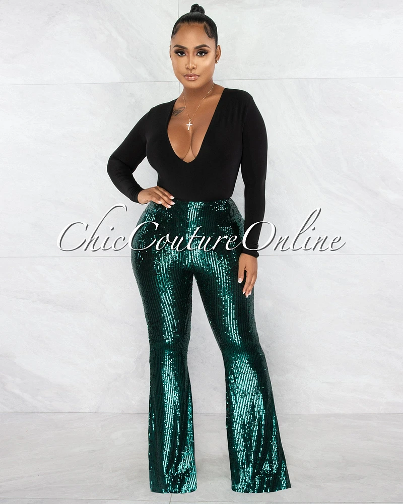 *Adael Hunter Green Sequins Bell Legs Pants