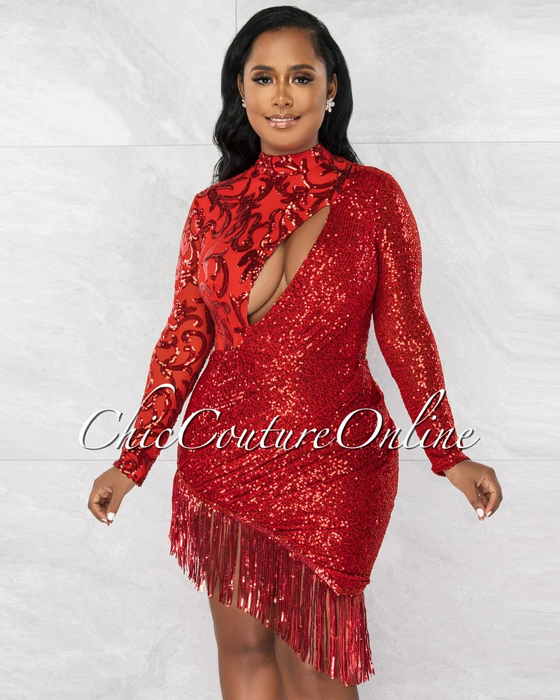 Samantha Mesh Embroidered Sequins Asymmetrical Fringe Dress