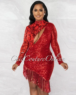 Samantha Mesh Embroidered Sequins Asymmetrical Fringe Dress