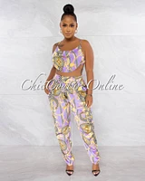 *Nelia Lilac Gold Print Scarf Silky Top & Pants Set