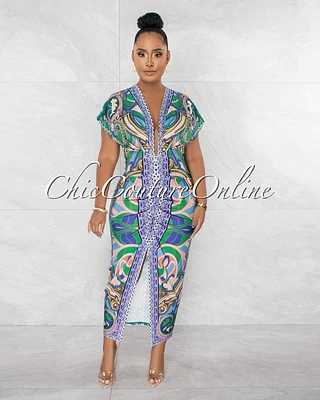 *Tania Blue Green Print Deep V Neck Draped Maxi Dress