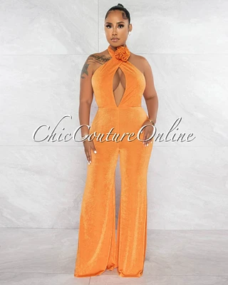 *Lorraine Orange Bust Key-Hole Rose Accent Jumpsuit