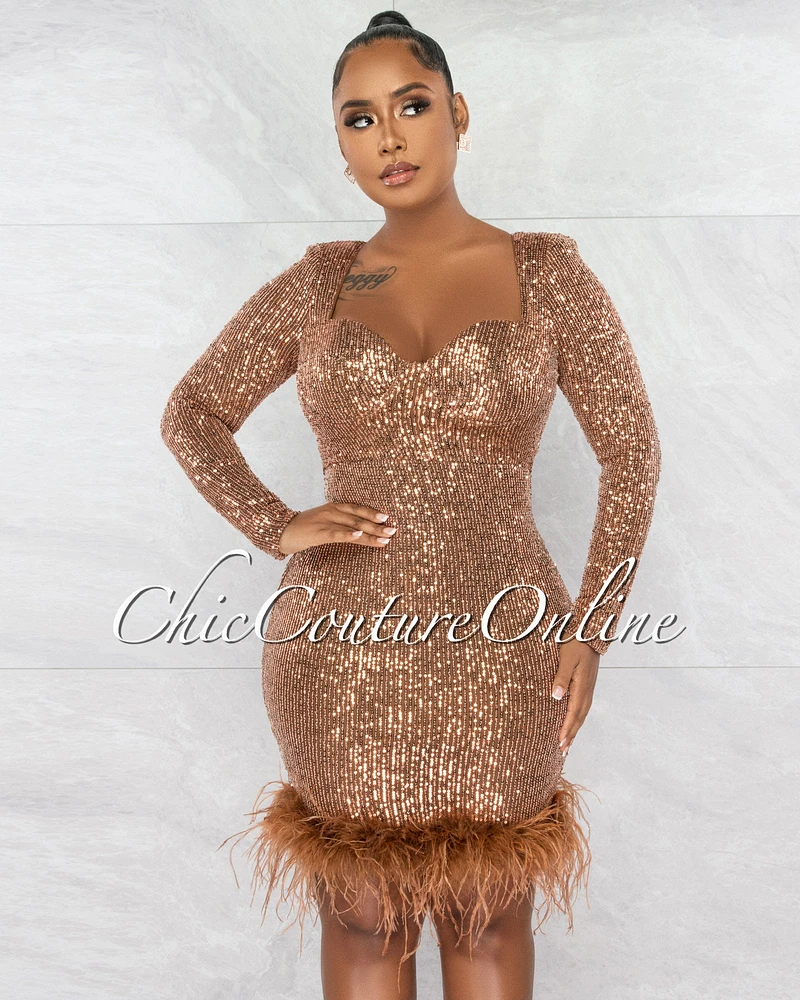 *Daliana Bronze Sequins Ruched Queen Anne Feather Hem Dress