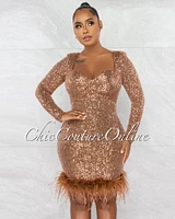 *Daliana Bronze Sequins Ruched Queen Anne Feather Hem Dress