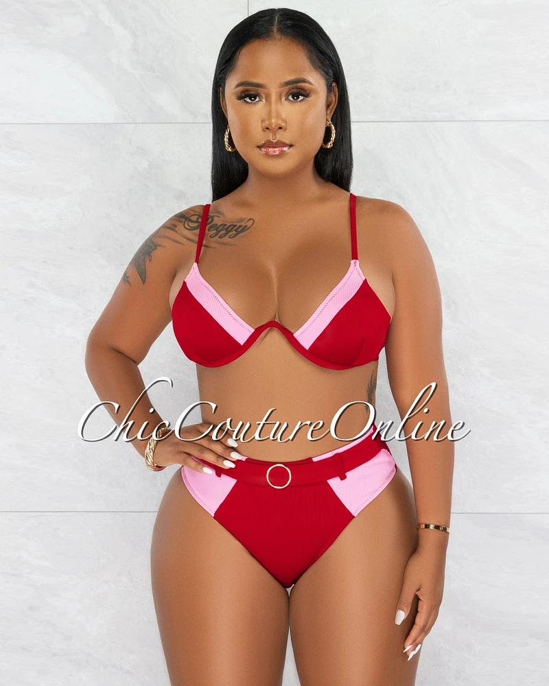 *Dugan Burgundy Pink Ribbed "O" Ring Two Piece Swimsuit