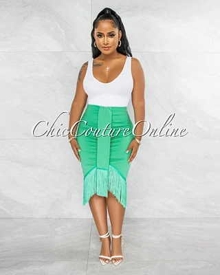 Peleka Kelly Green Drape Fringe Hem Midi Skirt