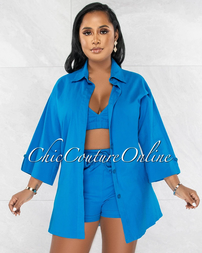 Nilan Deep Turquoise Shirt / Crop Top & Shorts 3 Piece Set