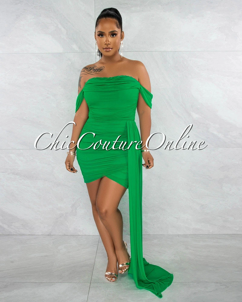 *Cammy Green Ruched Mesh Off-The Shoulders Train Dress