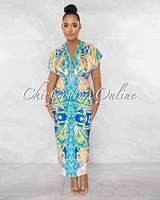 *Gause Green Blue Print Deep V Neck Draped Maxi Dress