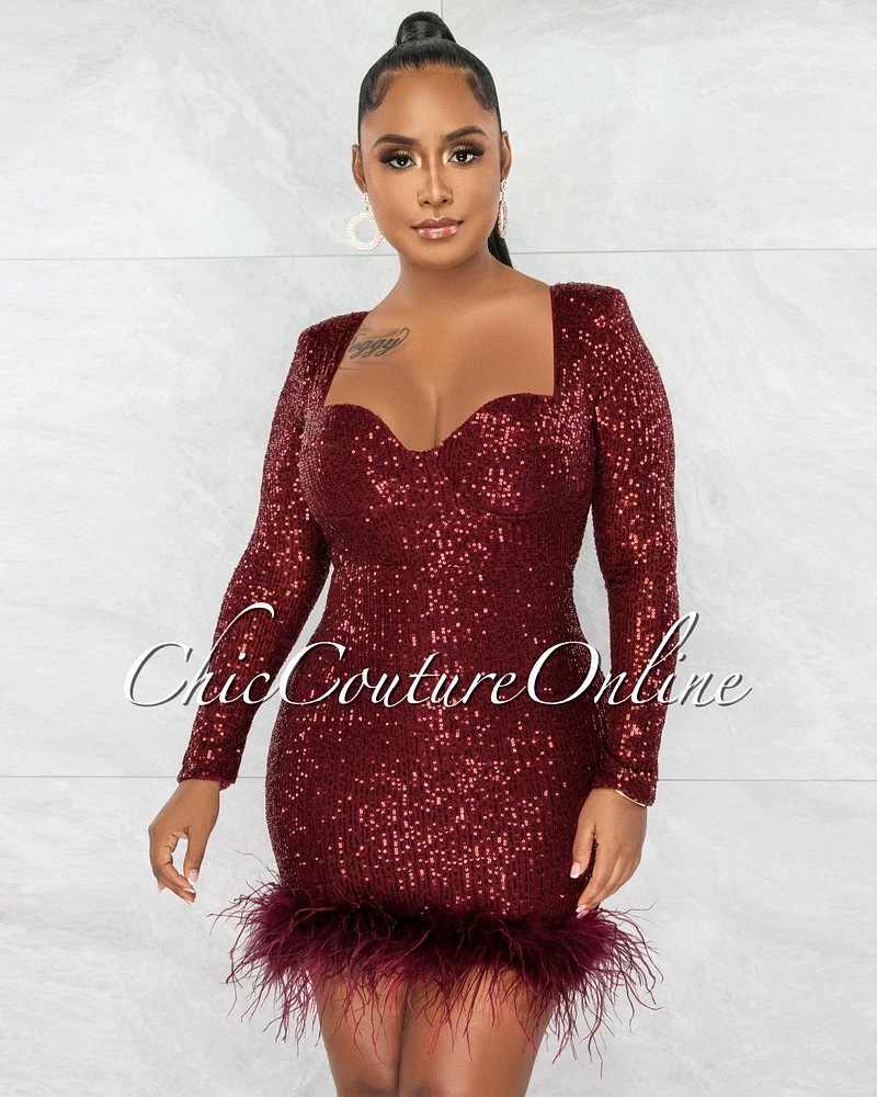 *Daliana Wine Red Sequins Ruched Queen Anne Feather Hem Dress