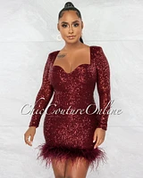 *Daliana Wine Red Sequins Ruched Queen Anne Feather Hem Dress