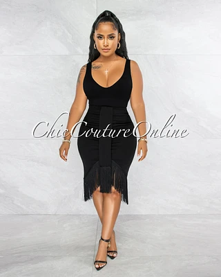 Peleka Black Drape Fringe Hem Midi Skirt