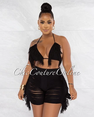 *Columbia Black Crochet Fringe Cover-Up Shorts Set