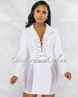 *Ashira White Rhinestones Lace-Up Mesh Accent Dress