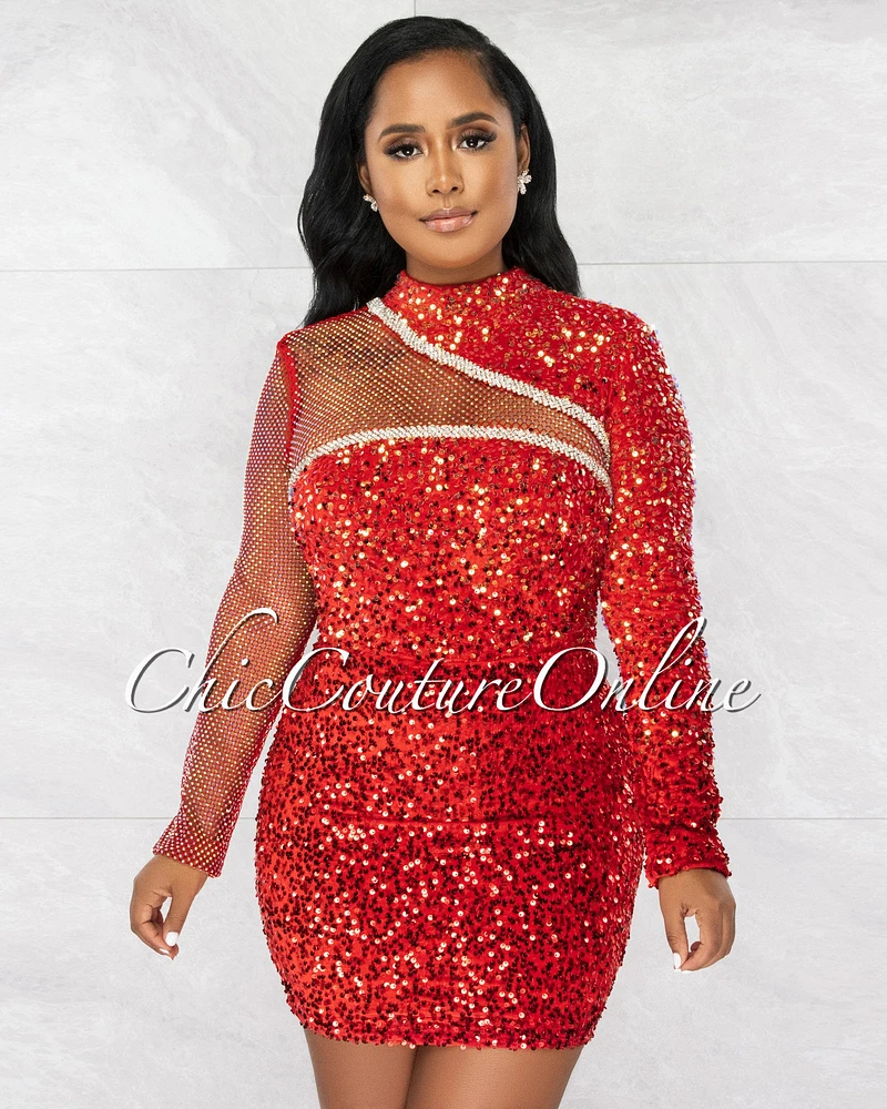 *Everleigh Red Net Rhinestones Iridescent Sequins Mini Dress