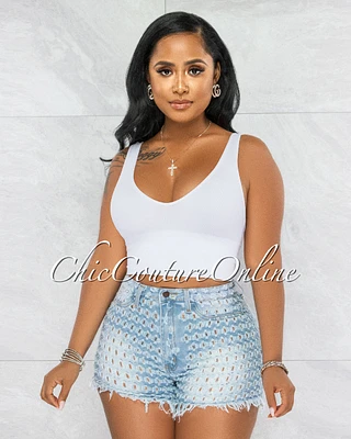 *Missie Light Blue Denim See-Thru Perforated Shorts