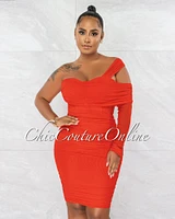 *Presa Red Long Mesh Single Sleeve Ruched Bandage Dress