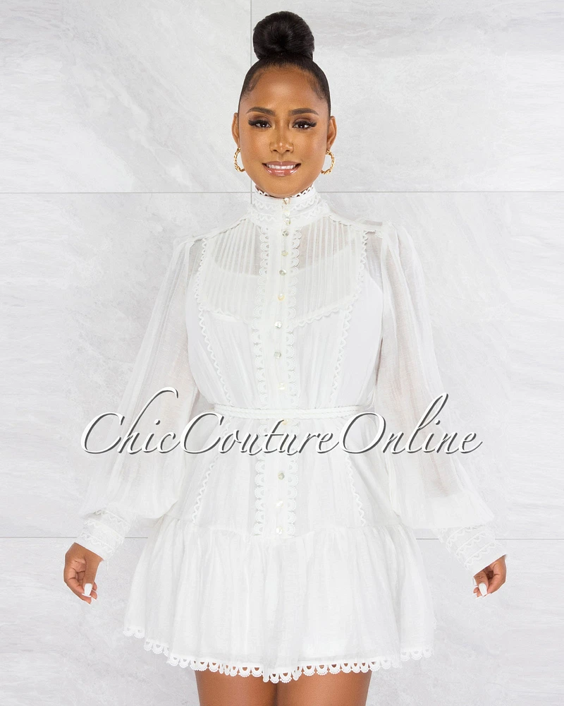 Damita Off-White Scalloped Ruffle Shirt Skater Dress