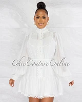 Damita Off-White Scalloped Ruffle Shirt Skater Dress