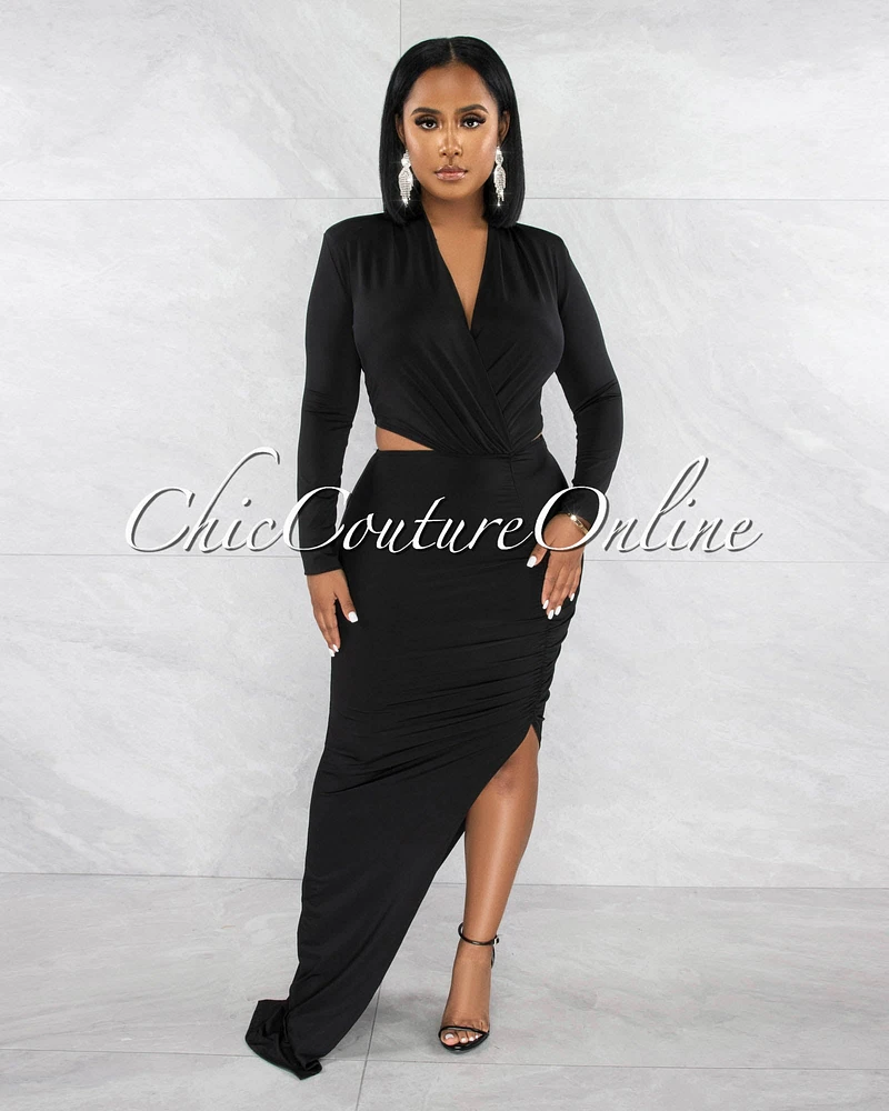 *Urania Black Cut-Out Waist Draped Maxi Dress