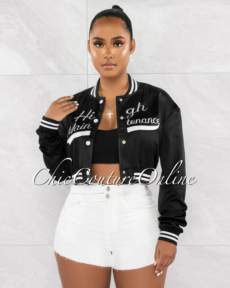 *Kamil Black White Graphic Track Crop Jacket