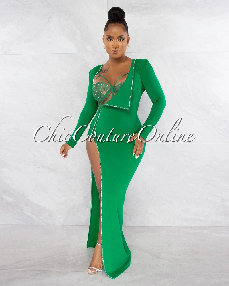 *Marlinda Green Bodysuit Rhinestone Embellished Dress Set